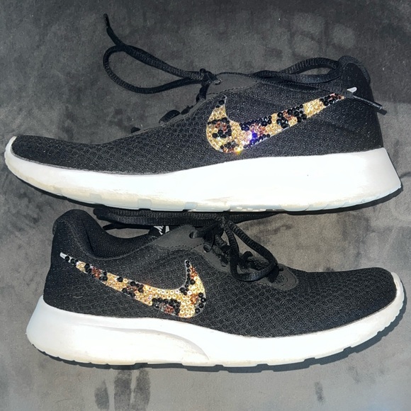 Nike Shoes - Rhinestone Nike Tanjun Black Sneakers with Animal Print Swoosh